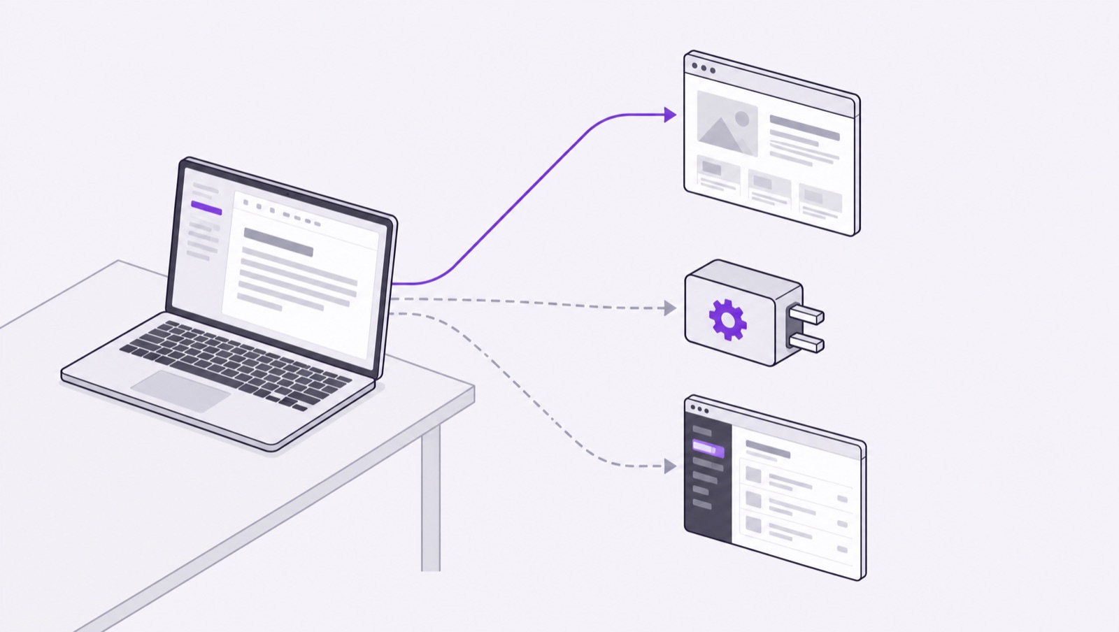管理画面を開いたノートパソコンから、ブログの画面へ実線が、API の部品と CMS の画面へ点線が伸びる絵。