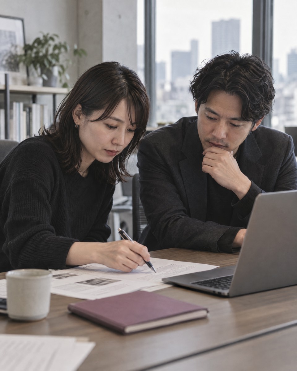 ふたりが会議机で、印刷した記事の原稿とノートパソコンを見ながら確認している様子