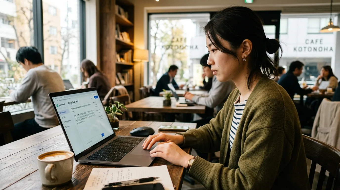 カフェでノートパソコンを使って作業する女性